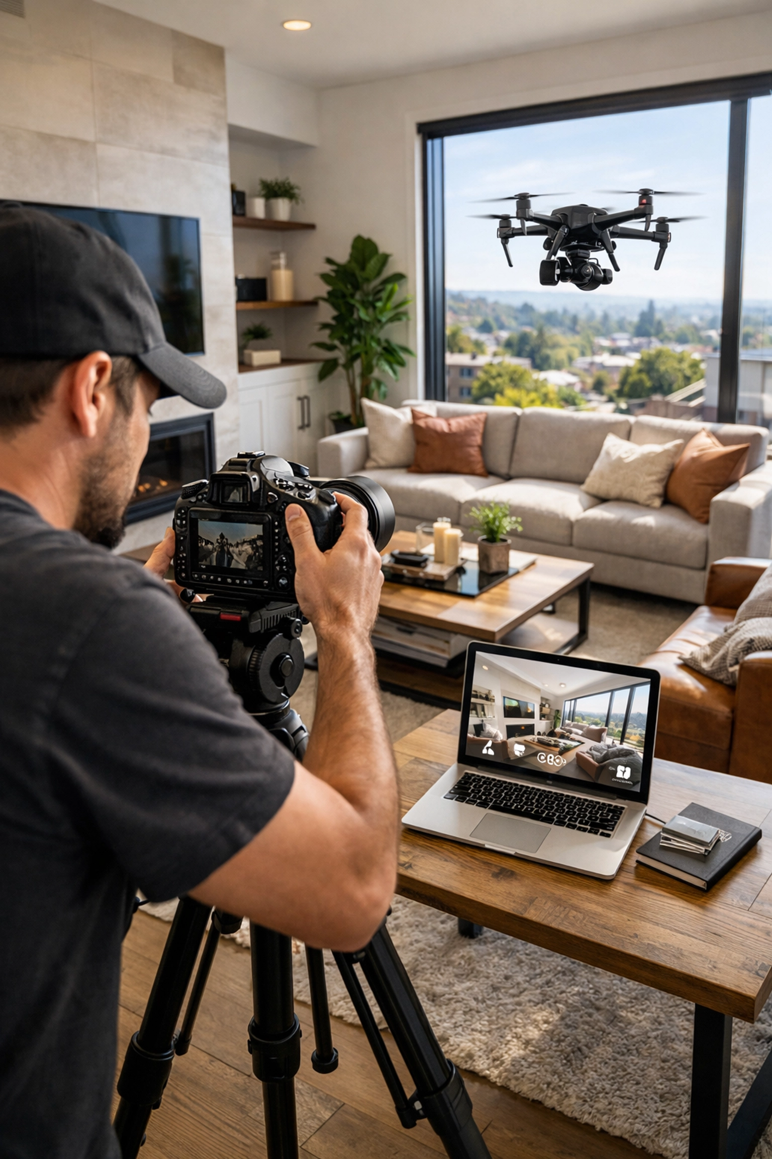 Professional real estate photographer using drone and 3D tour for premium home listing marketing