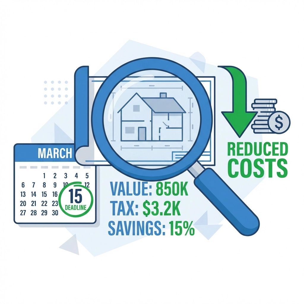 Illustration of a house blueprint, magnifying glass, and calendar showing March deadline for property tax assessment appeals.