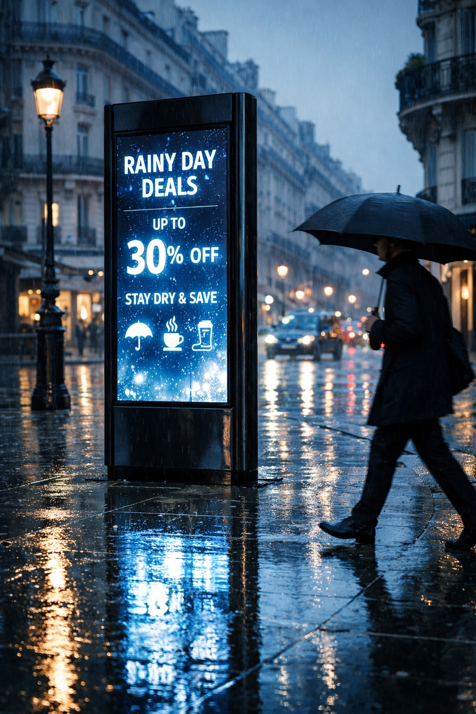 Outdoor digital signage on a rainy European street demonstrating weather-triggered local advertising and real-time updates.