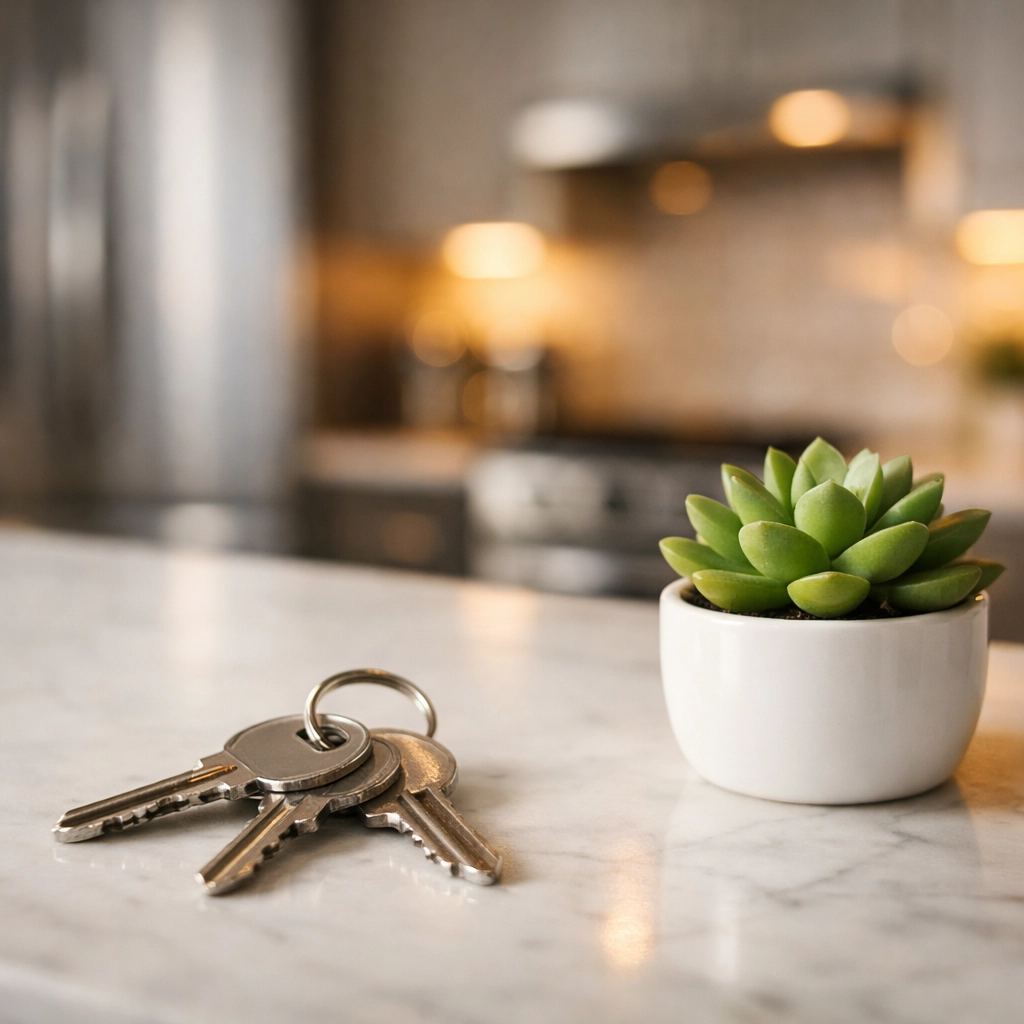 Apartment keys on a kitchen counter signifying a successful property turnover and tenant move-in.