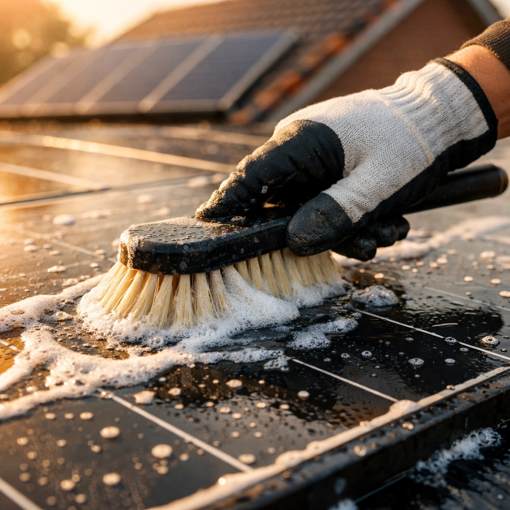 Cleaning solar panels with soft brush and soapy water