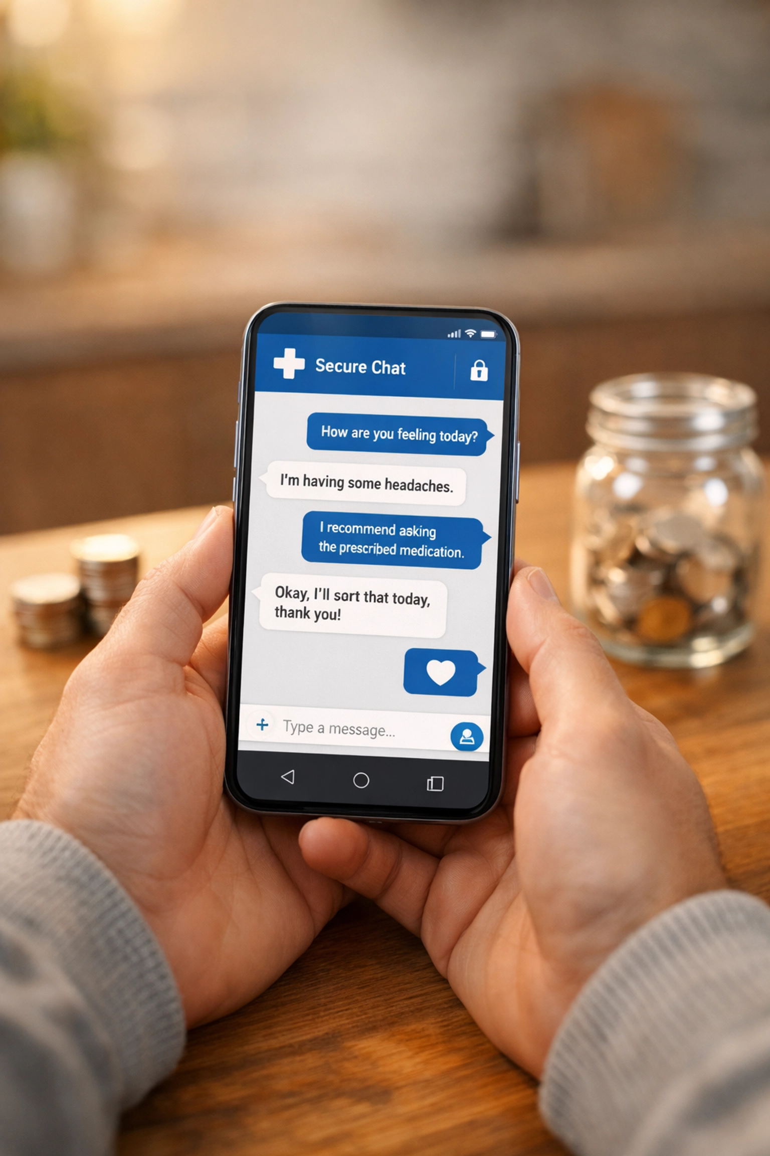 Secure medical messaging on a smartphone showing 24/7 access to an online doctor for affordable family healthcare.