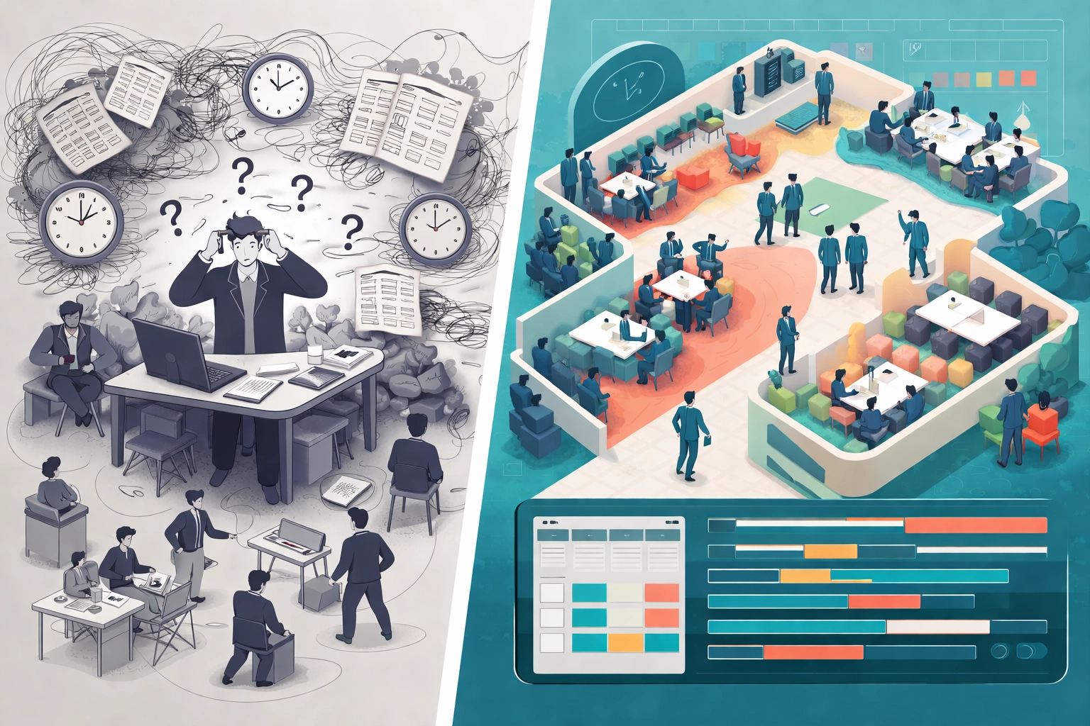 Split view comparing chaotic restaurant scheduling with streamlined AI video analytics operations