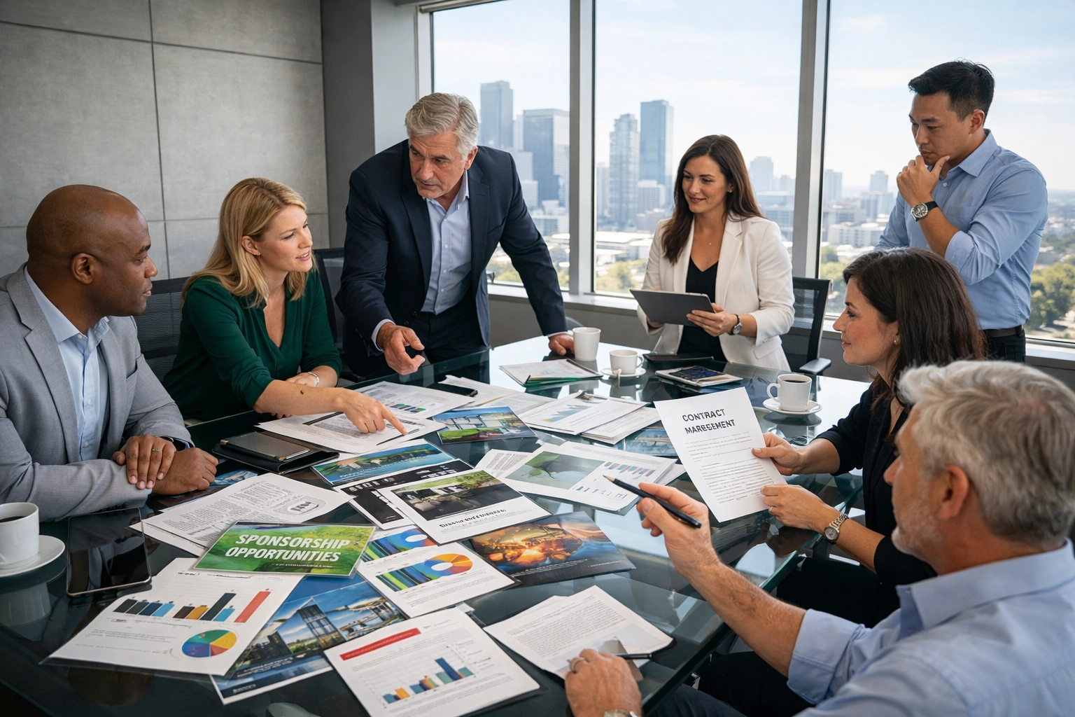 Sports marketing strategy meeting with executives reviewing sponsorship proposals