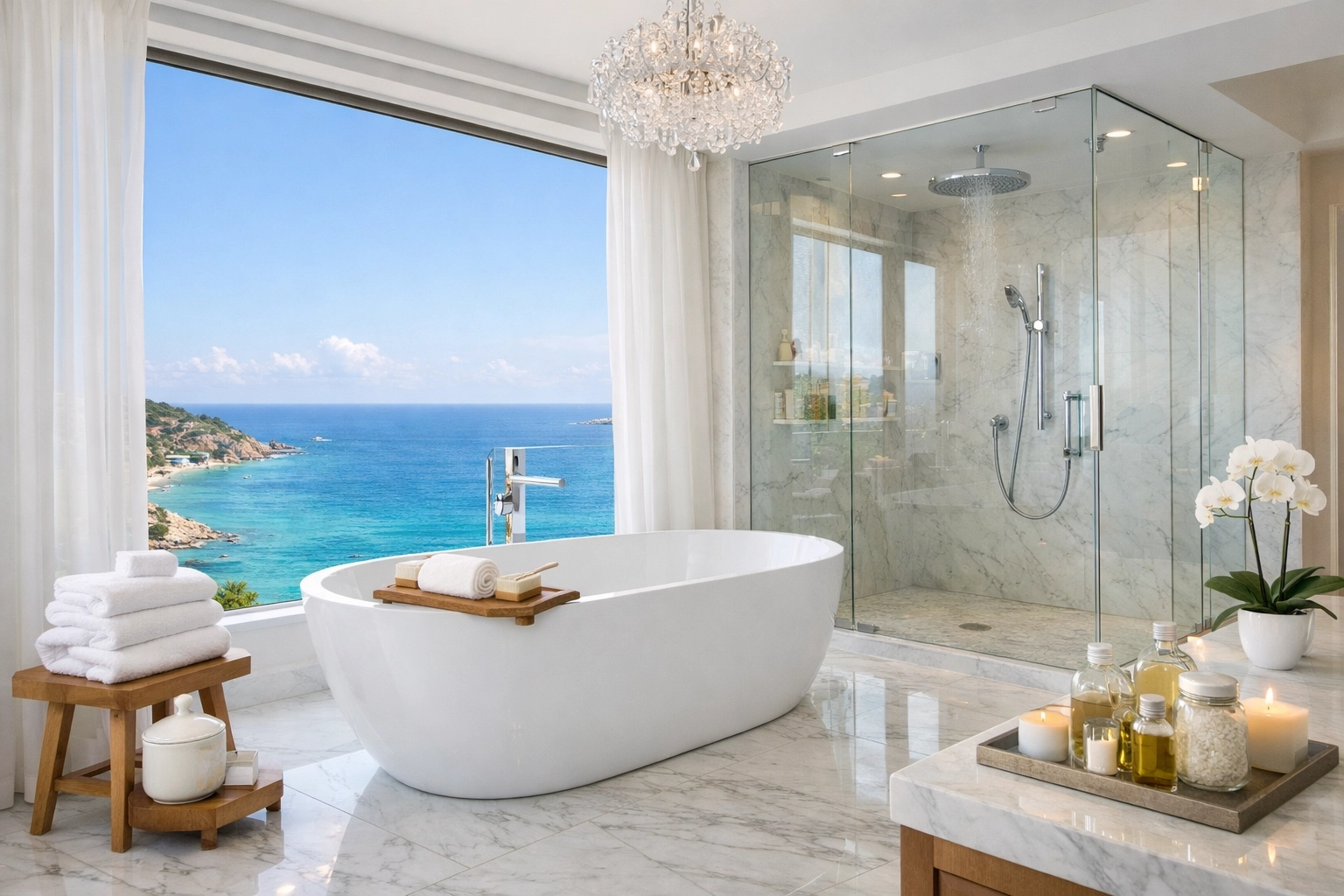 Luxury penthouse suite bathroom featuring a soaking tub with a Mediterranean Sea view.