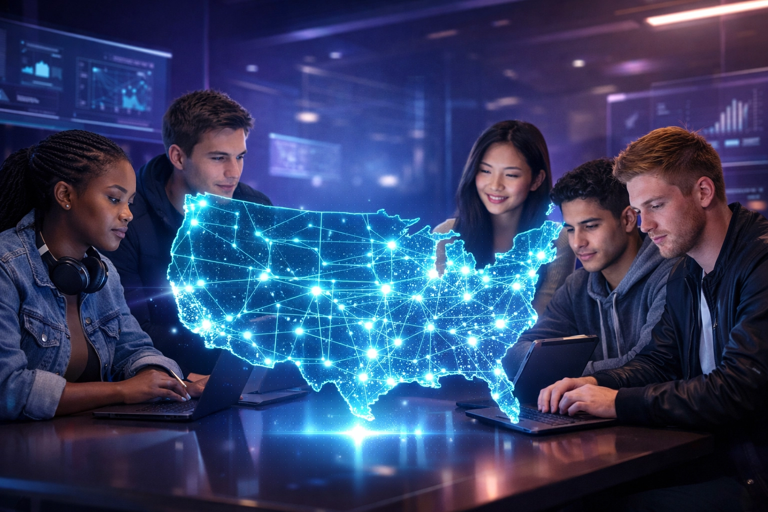 Diverse Gen Z talent exploring a holographic US map representing the EsportsPod national recruitment network.