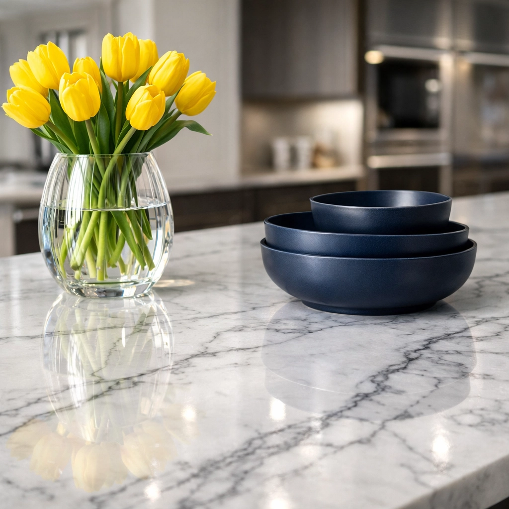 Polished marble kitchen island and streak-free surfaces in a luxury home via bi-weekly cleaning Waltham.