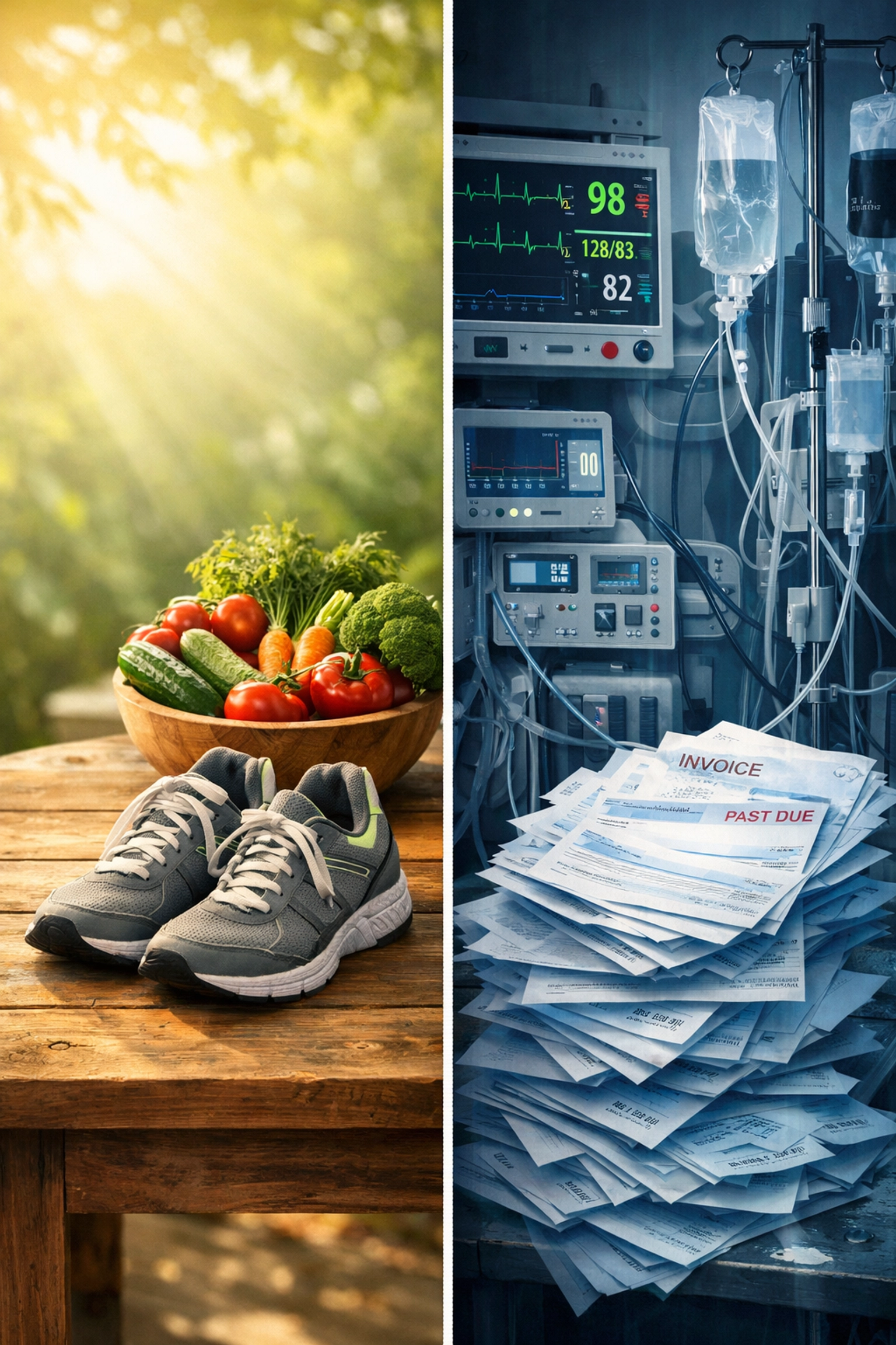 A split view of healthy food versus clinical hospital equipment, showing the rising burden of medical expenses.