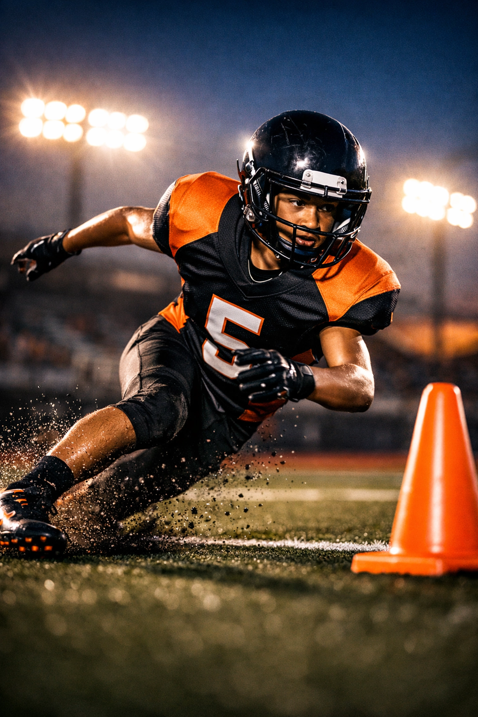 Skilled athlete executing a technical agility drill at a Boardwalk Beasts football training camp.