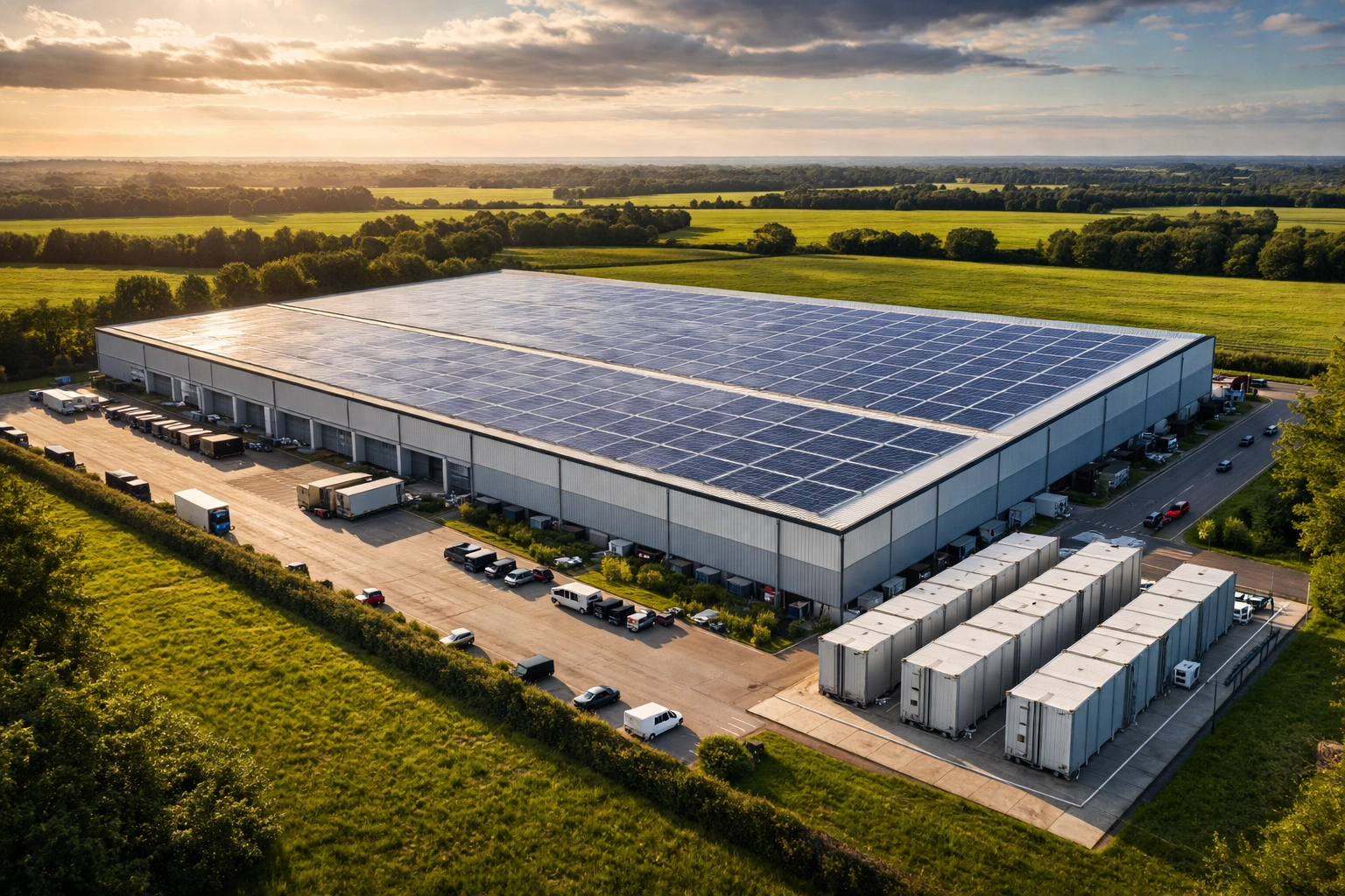 Commercial warehouse with rooftop solar panel array and industrial battery storage units