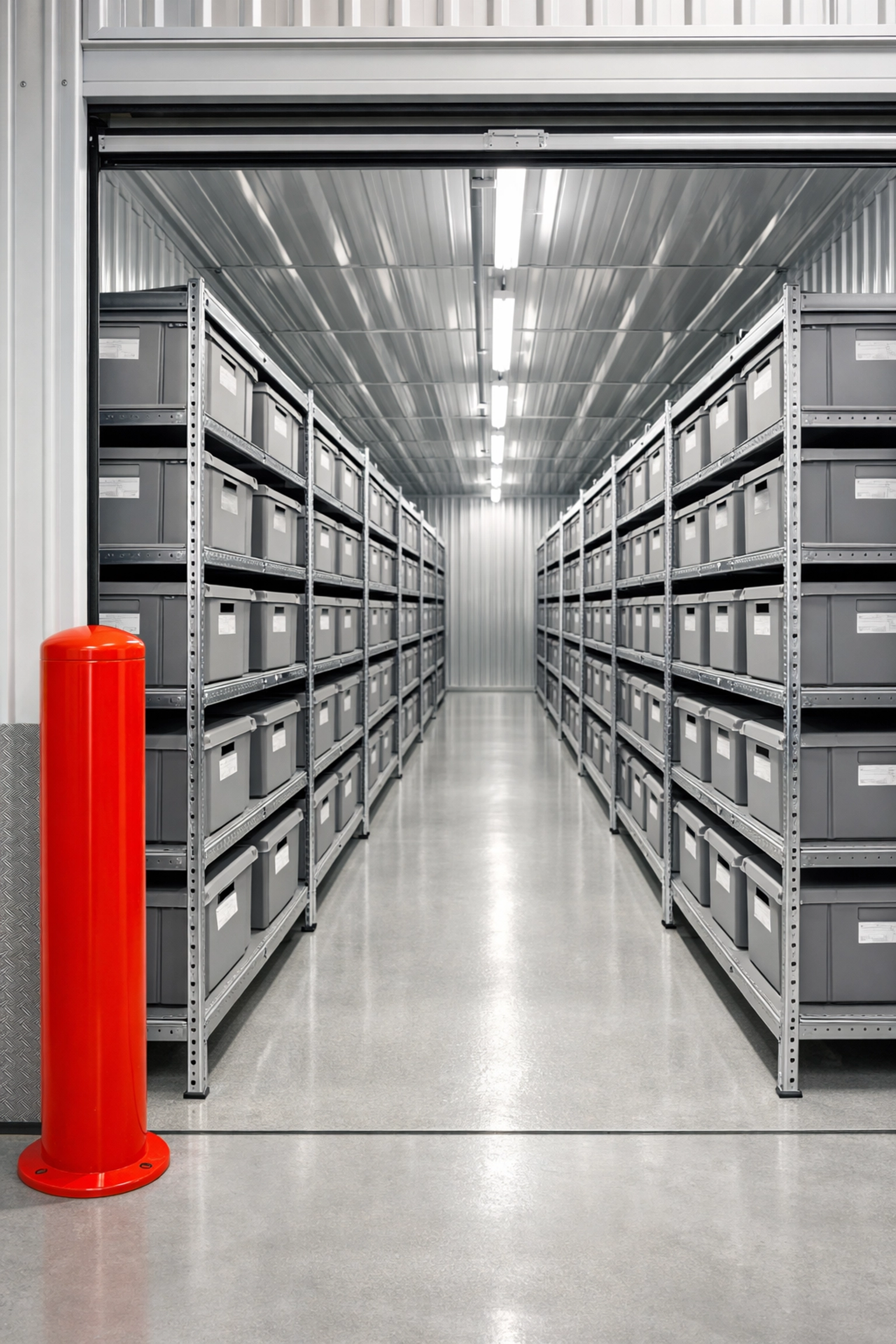 Secure and organized storage facilities business in Hertford with industrial metal shelving.