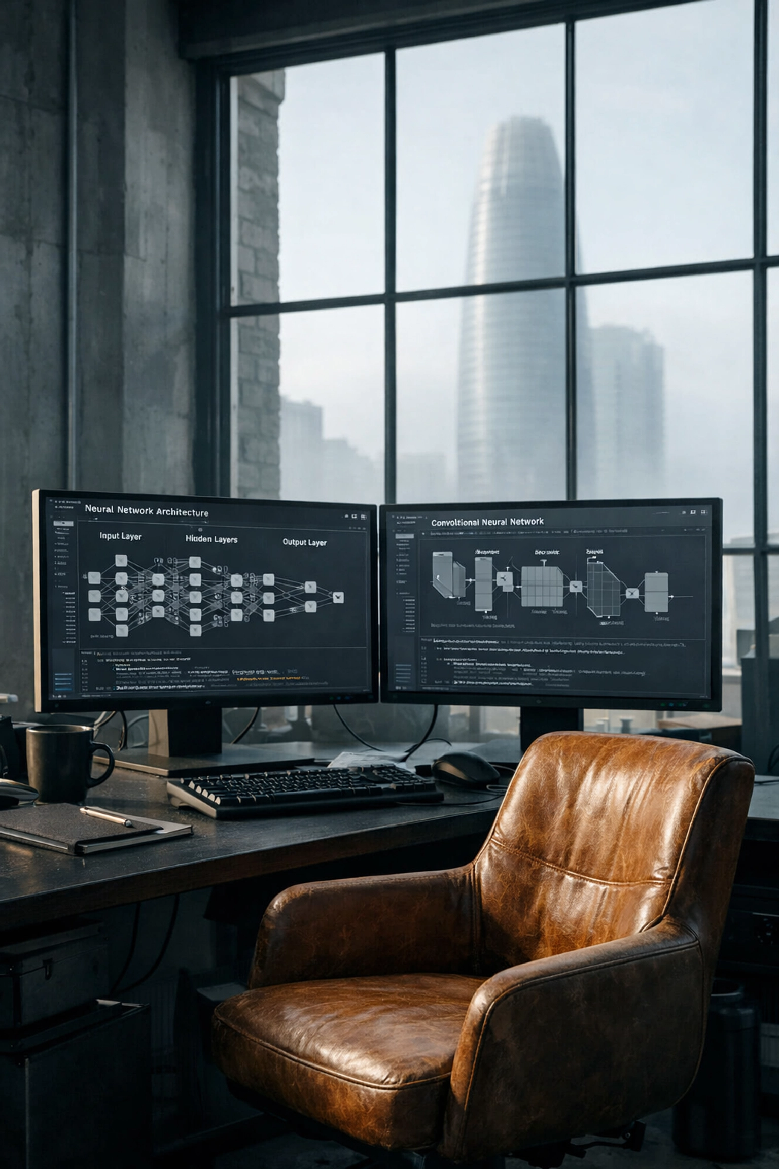 San Francisco tech workspace in the SoMa district with Salesforce Tower silhouette and AI workstations.