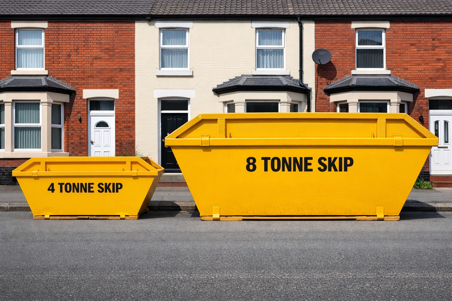 Size comparison of 4 tonne and 8 tonne skips on Liverpool street for skip hire planning