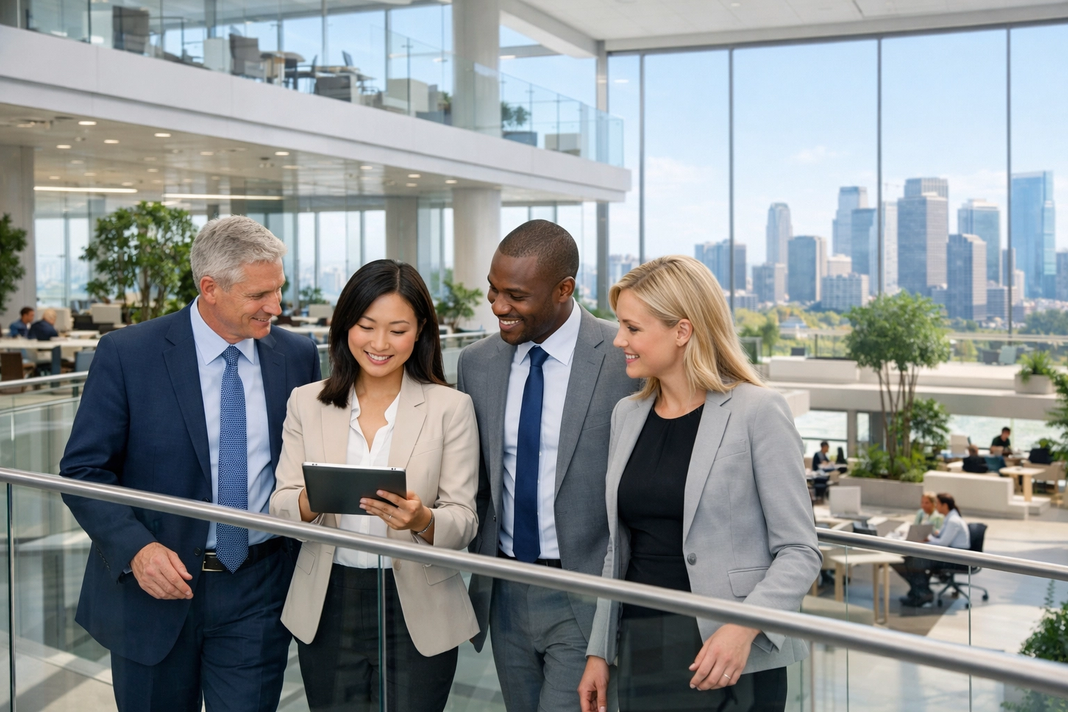 Diverse business leaders at Dakdan Worldwide headquarters discussing integrated media and strategic consulting solutions.