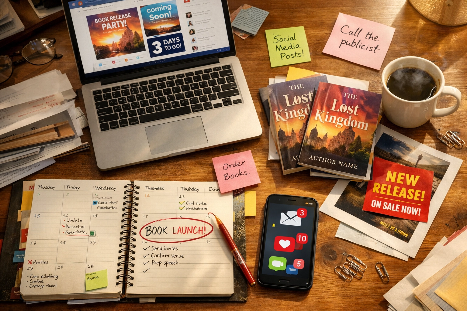 Author's desk with laptop, book covers, and planner for self-publishing book launch preparation