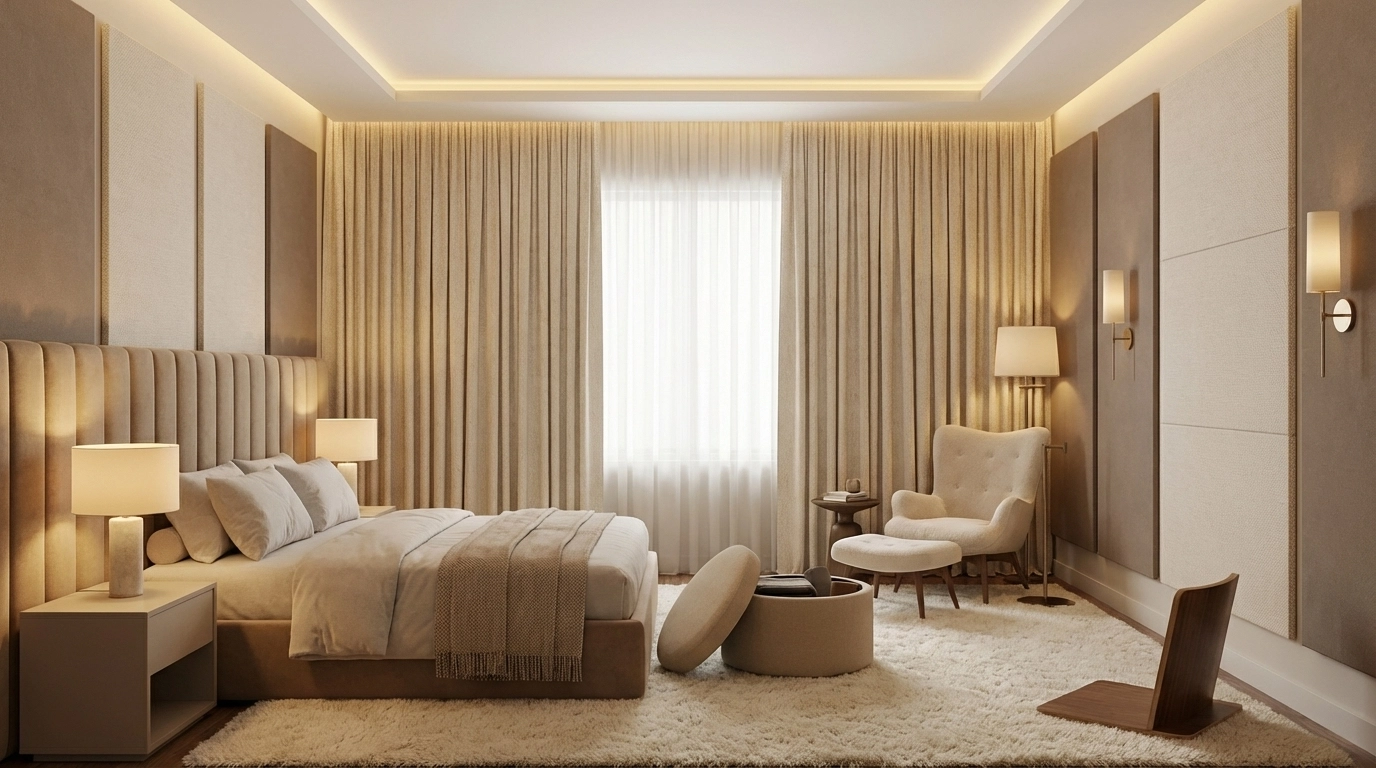 Kathy Kuo Home–style acoustic sanctuary suite featuring a channel-tufted headboard, heavy textured drapery, fabric acoustic wall panels, a quiet reading chair, and layered ambient lighting