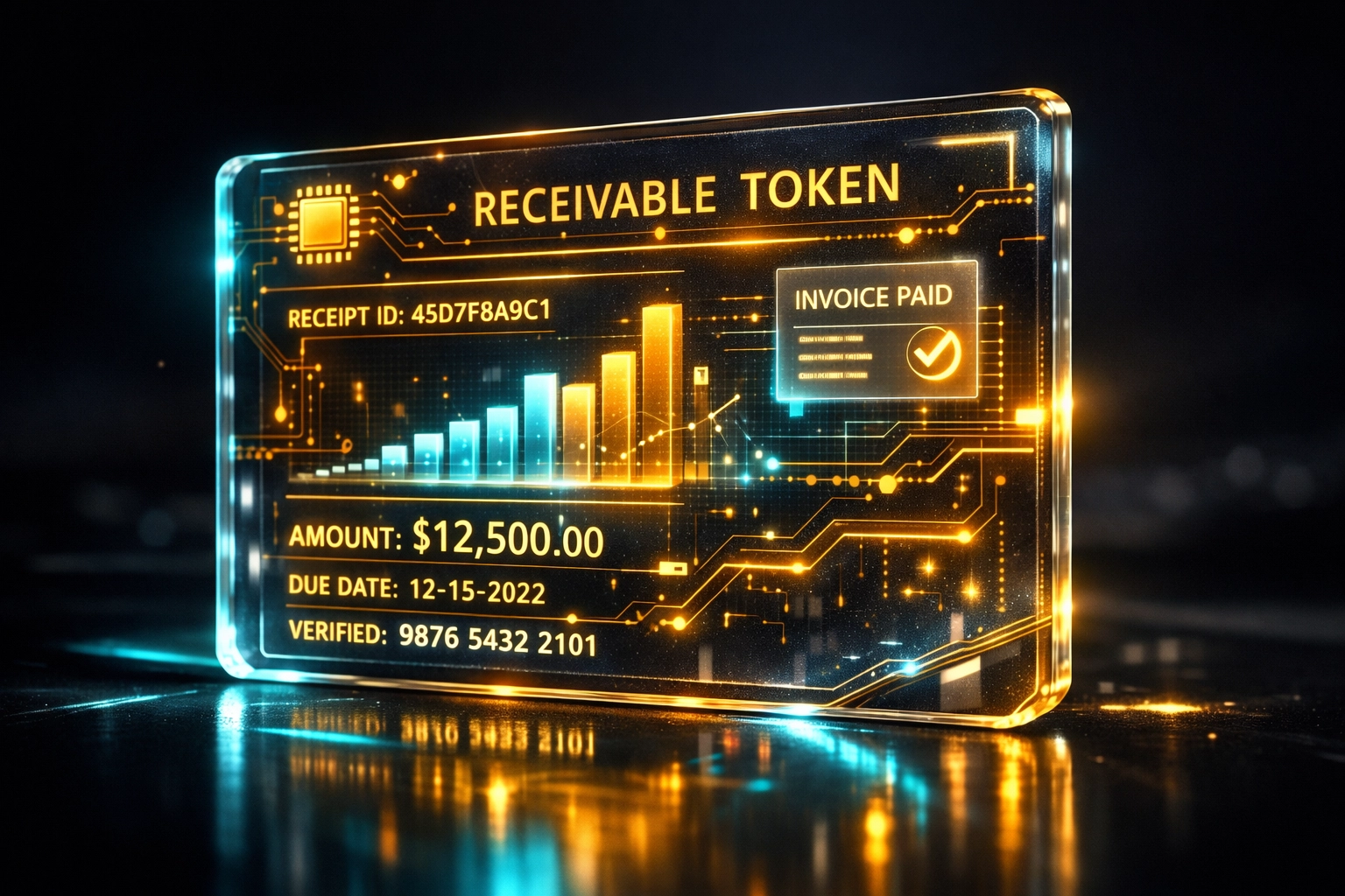 A holographic Larecoin receivable token representing a secure NFT receipt for a decentralized Web3 transaction.