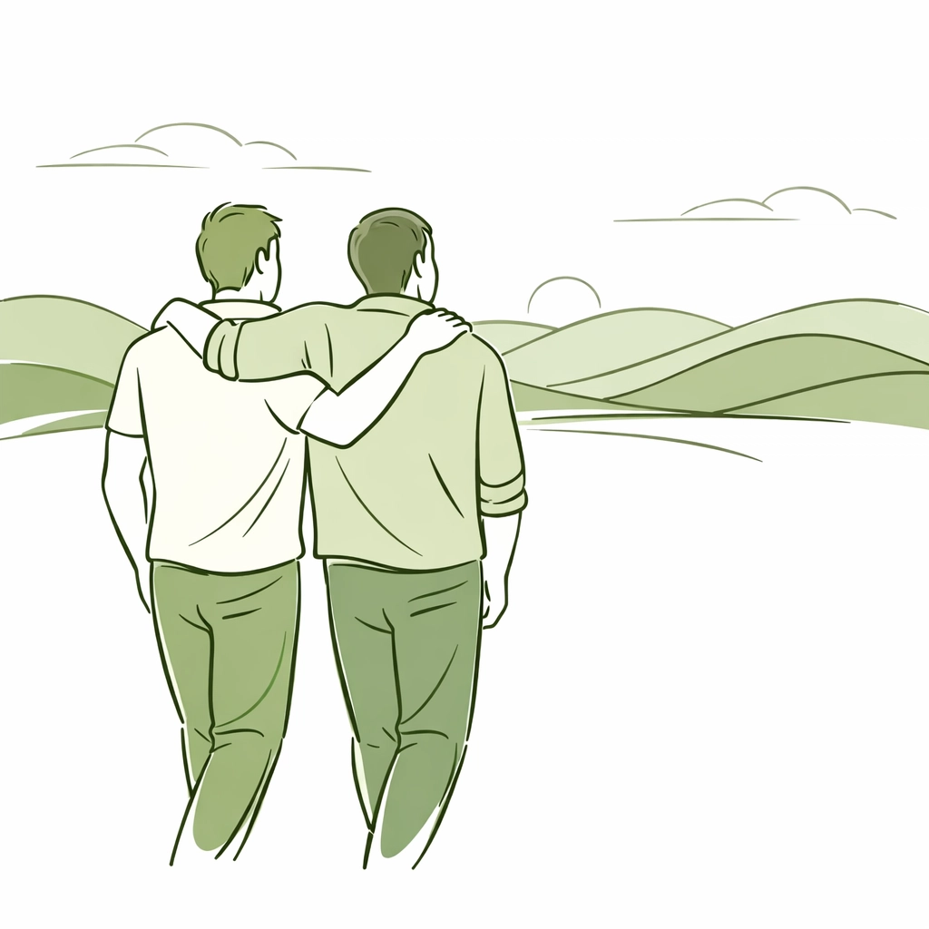 Illustration of two men walking together, representing companionship and solidarity in the queer community.