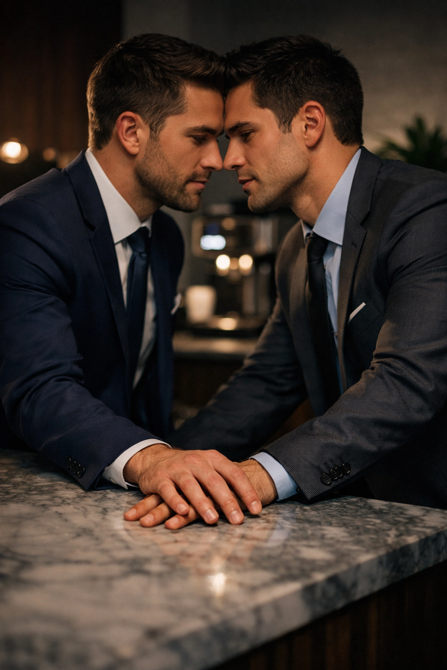 Two men in suits sharing a moment of romantic tension in a modern office breakroom.