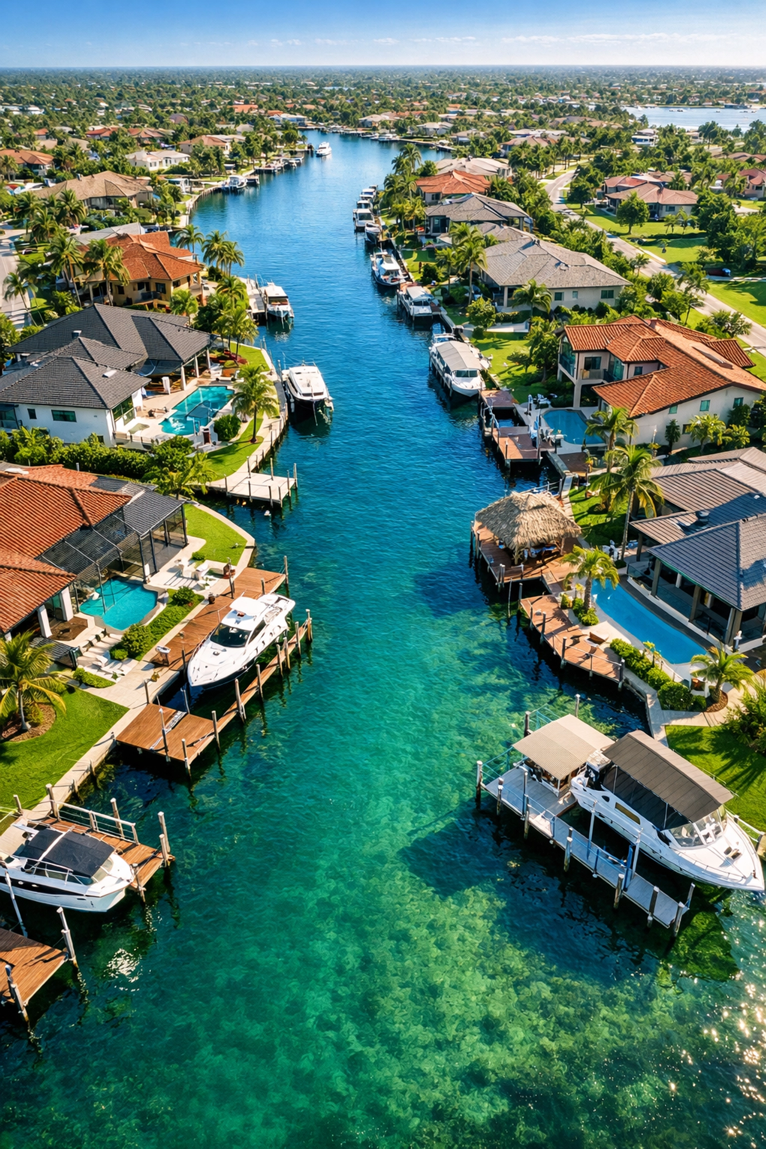 Aerial view of luxury waterfront homes and private boat docks on a Cape Coral canal.