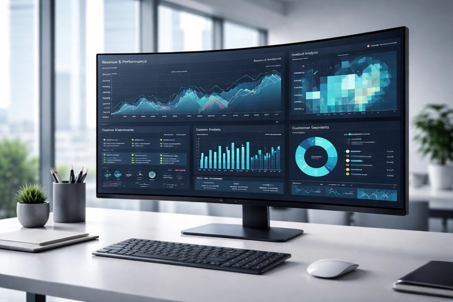Modern analytics dashboard displaying customer behavior and personalization metrics in a tech-driven workspace