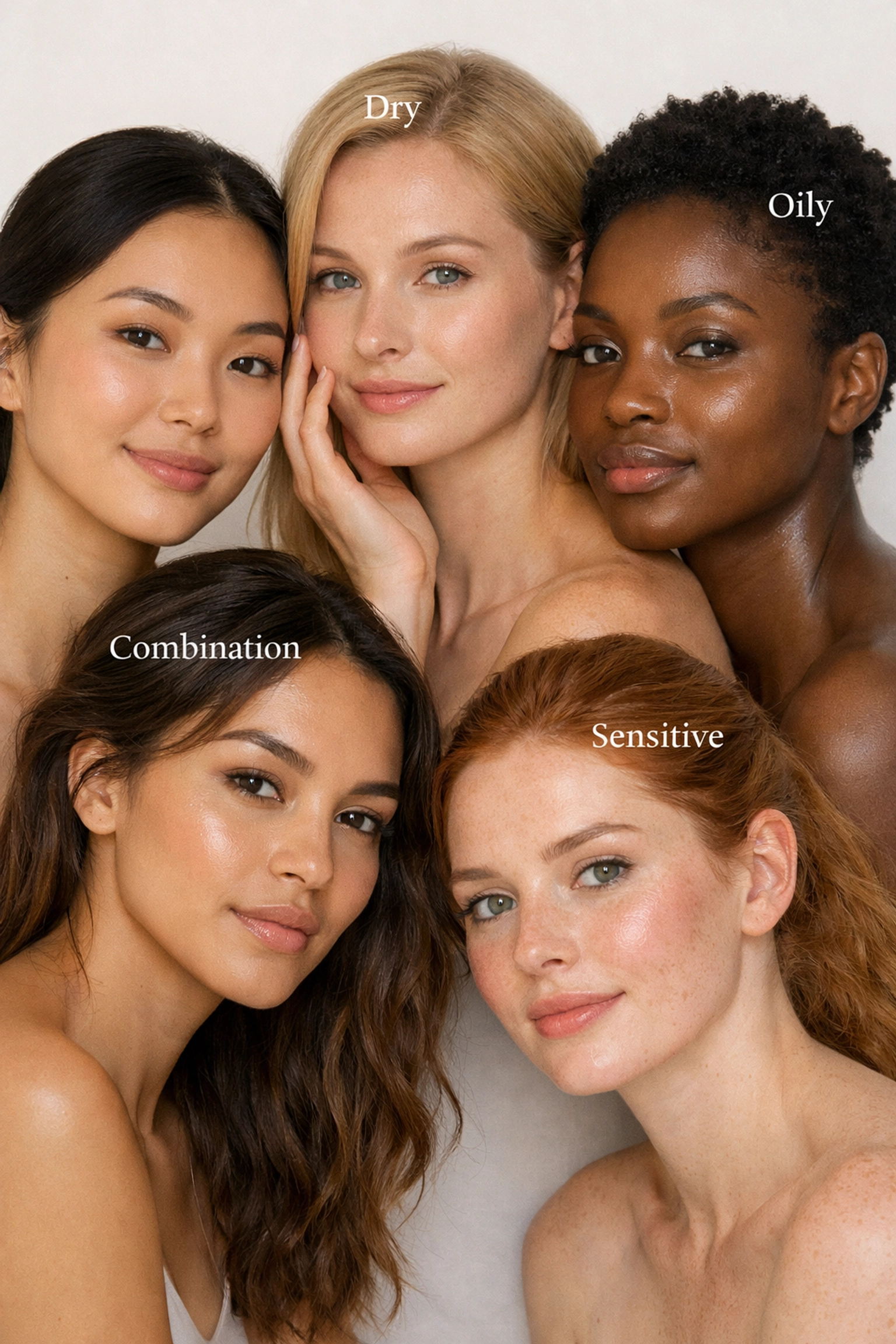 Diverse women showing different skin types from normal to sensitive skin