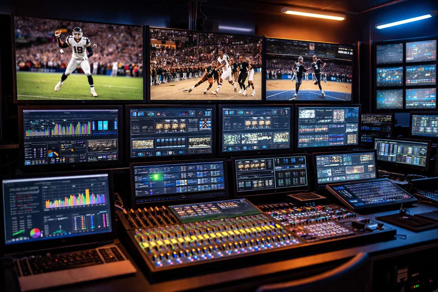 Modern sports broadcasting control room with live football and basketball games on multiple monitors, showing network integration.