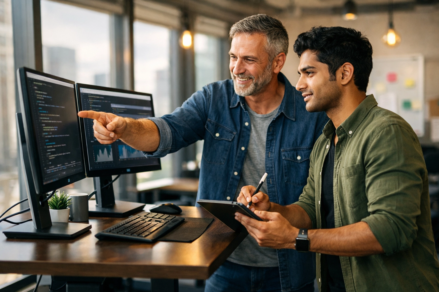 Tech mentorship between senior developer and junior professional in modern office