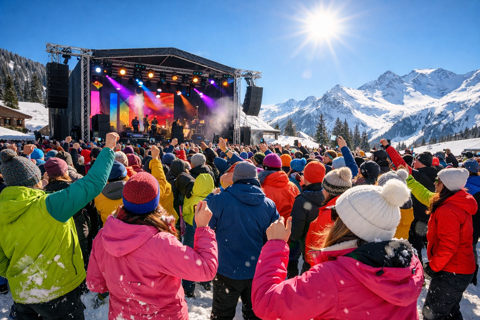 Crowds dancing at Snowfort Winter Music Festival at Tamarack Resort near Boise, Idaho mountains.