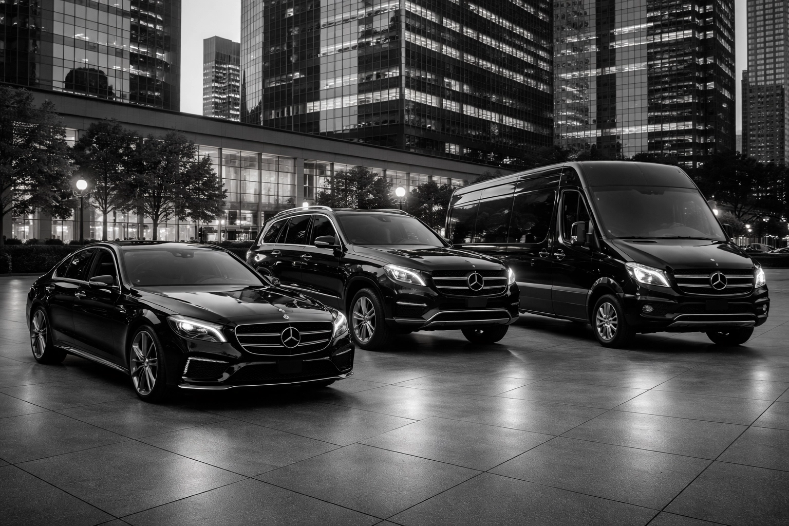 Sleek fleet of luxury vehicles in urban plaza, representing scalable premium transportation solutions for high-profile events