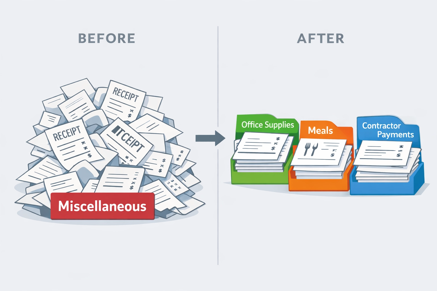 Before and after comparison of organizing business expense receipts by category