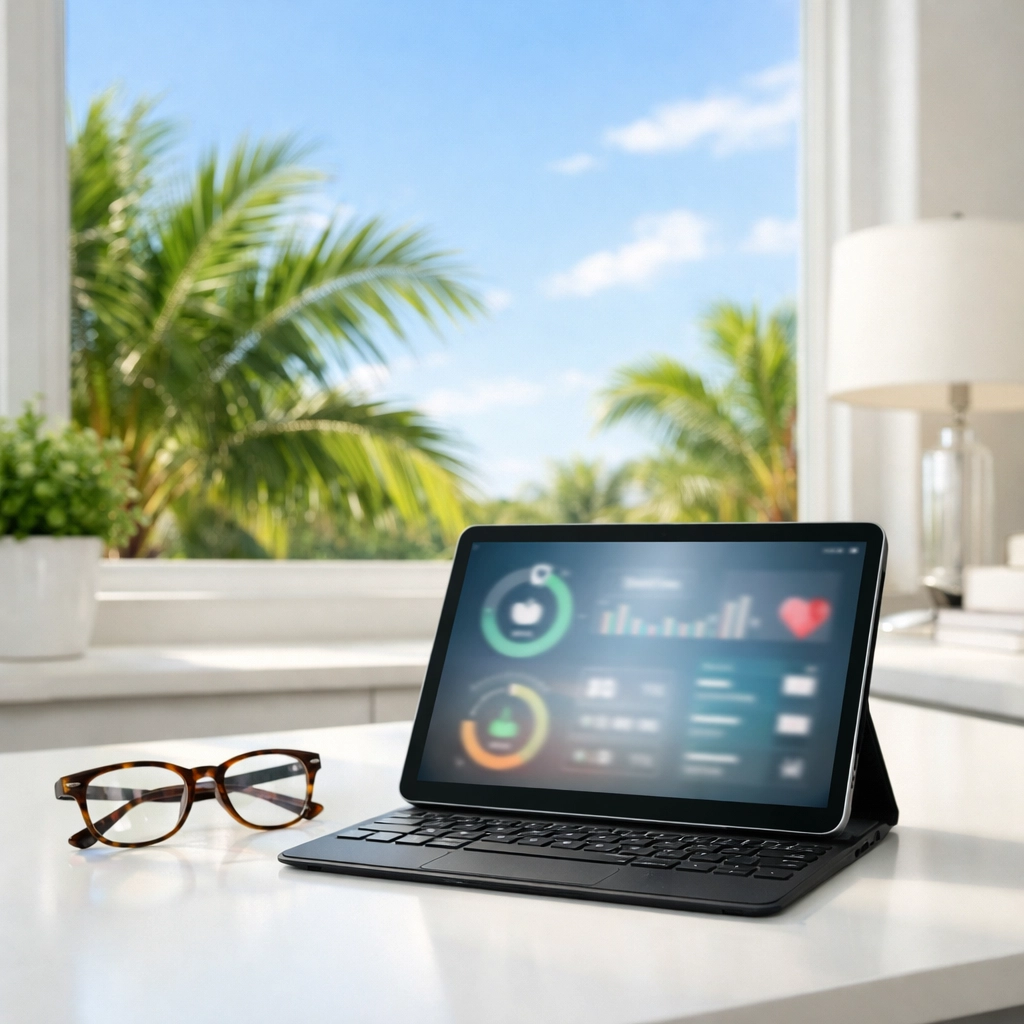 Modern home office in Florida with digital health tools for effective retirement planning Wesley Chapel FL.