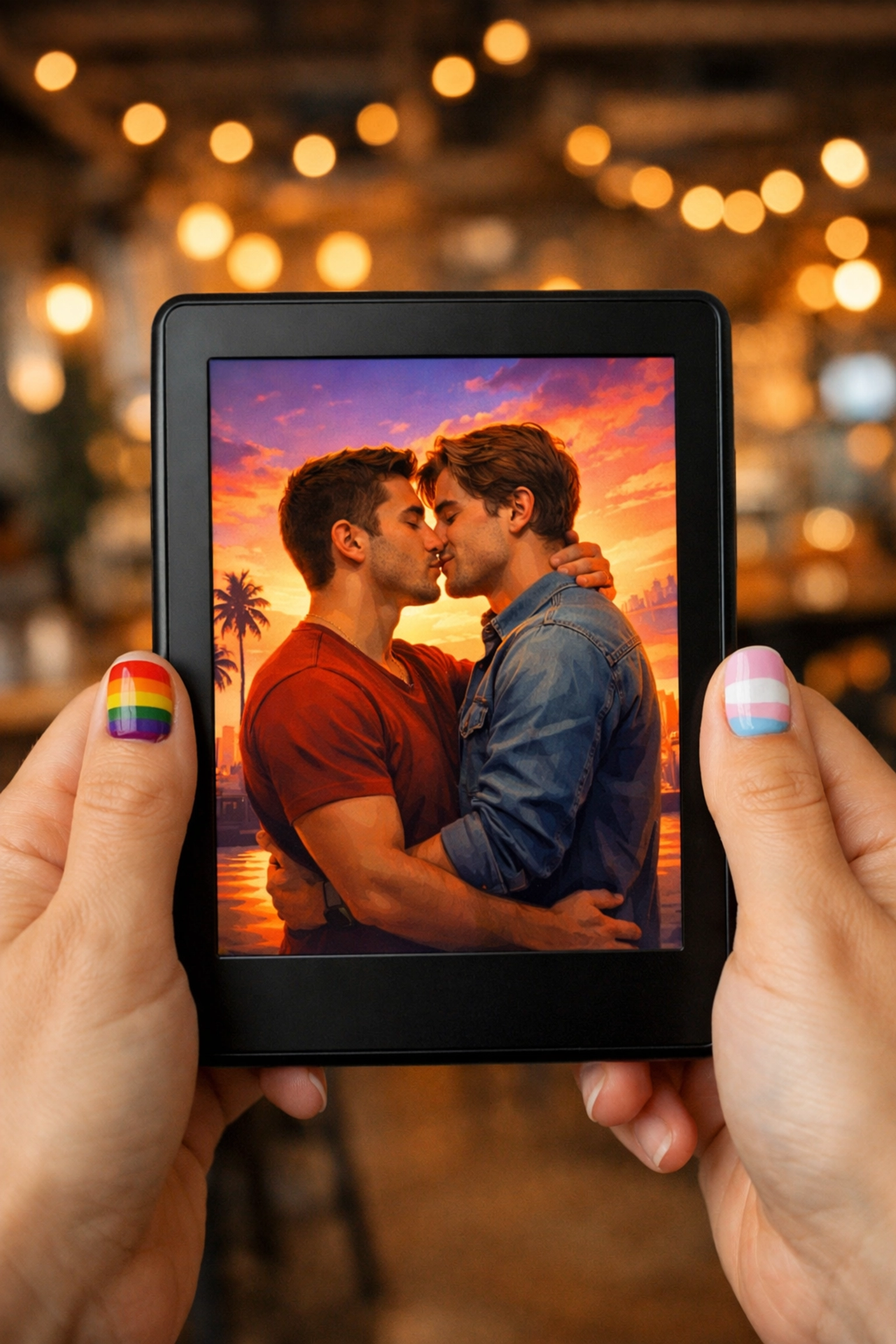Hands holding an e-reader displaying a gay romance cover, highlighting popular LGBTQ+ eBooks and digital reads.