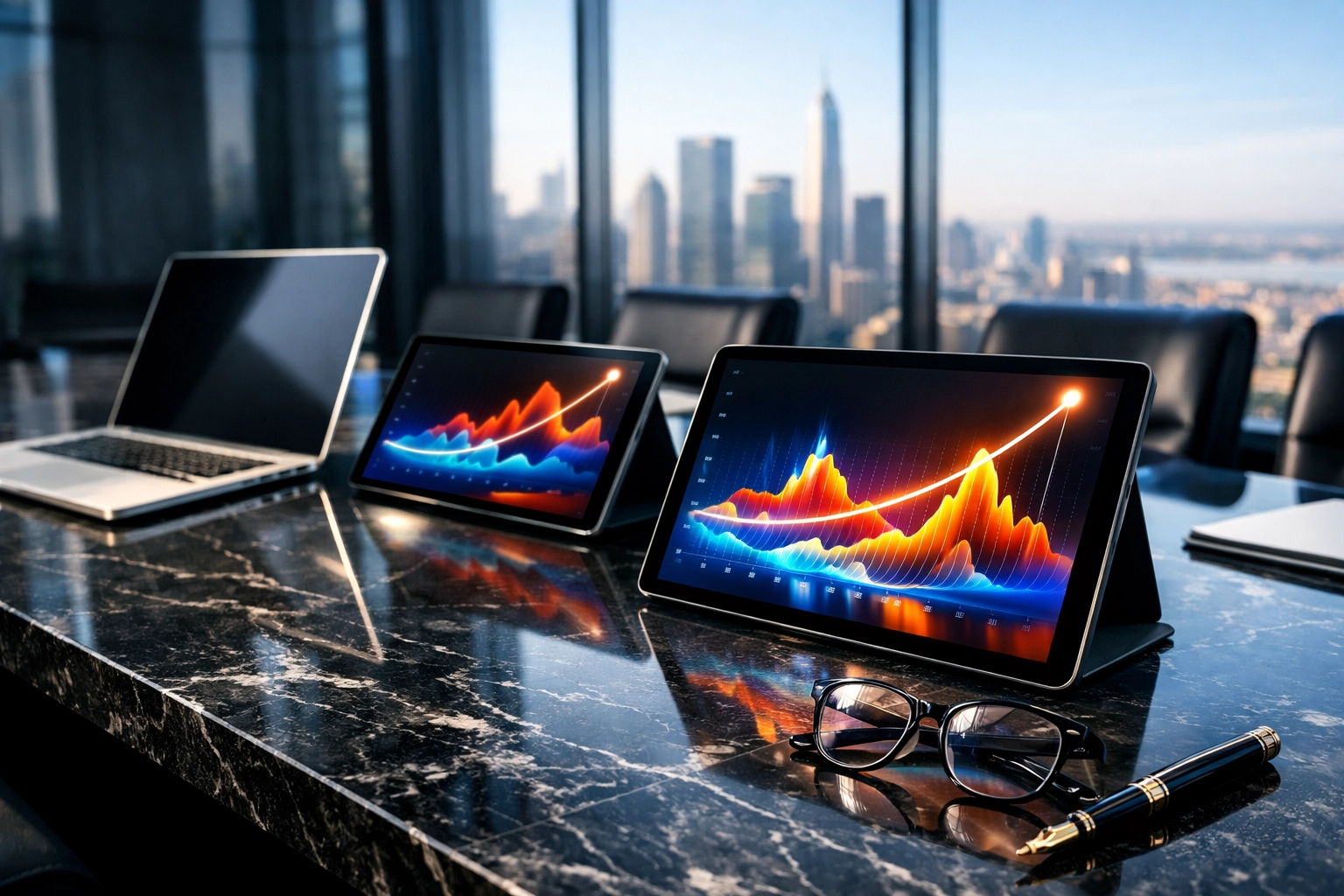 Strategic data visualizations on digital tablets in a boardroom representing effective Super Bowl ROI analysis.