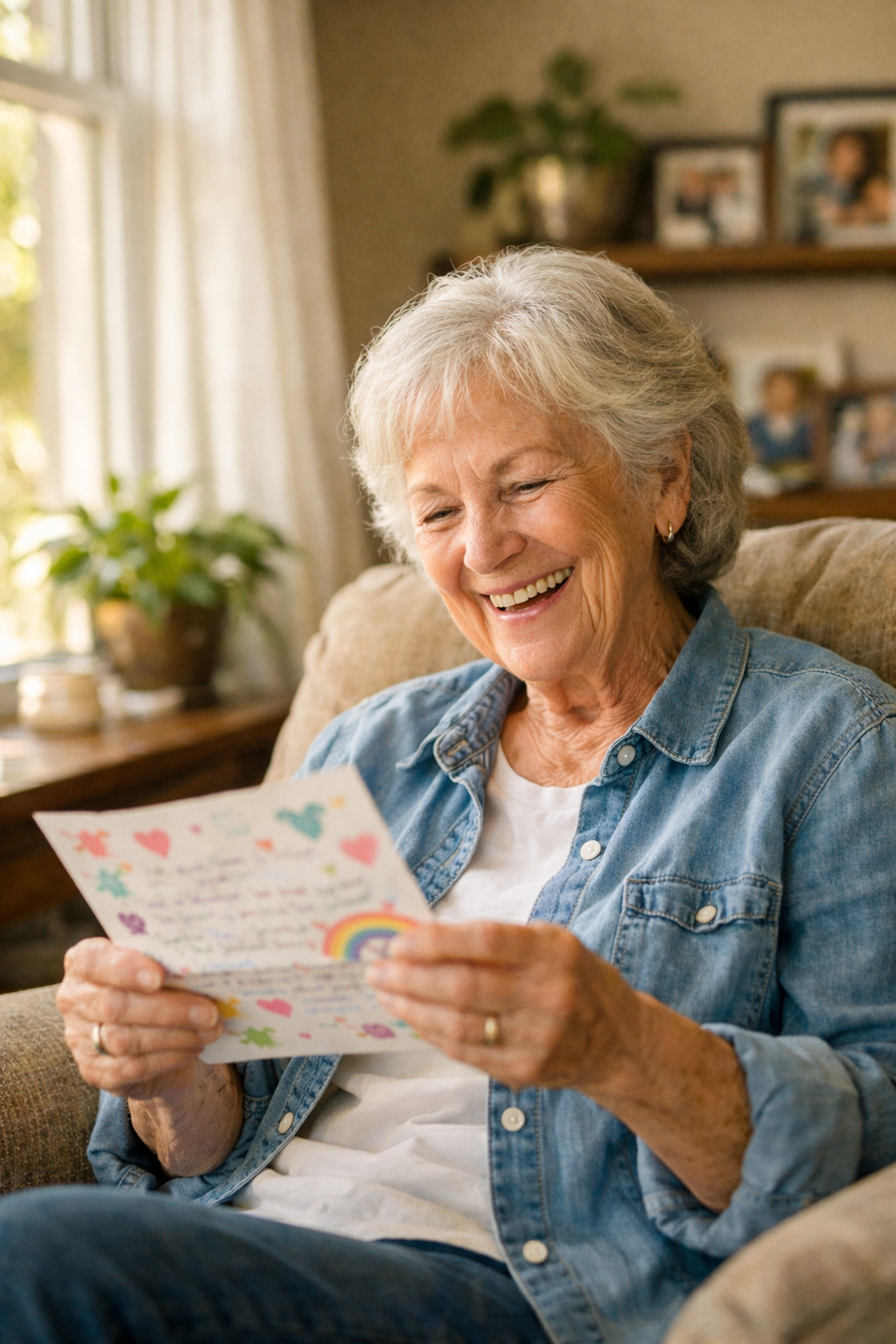 Happy senior woman reading personalized letter from pen pal in comfortable home setting