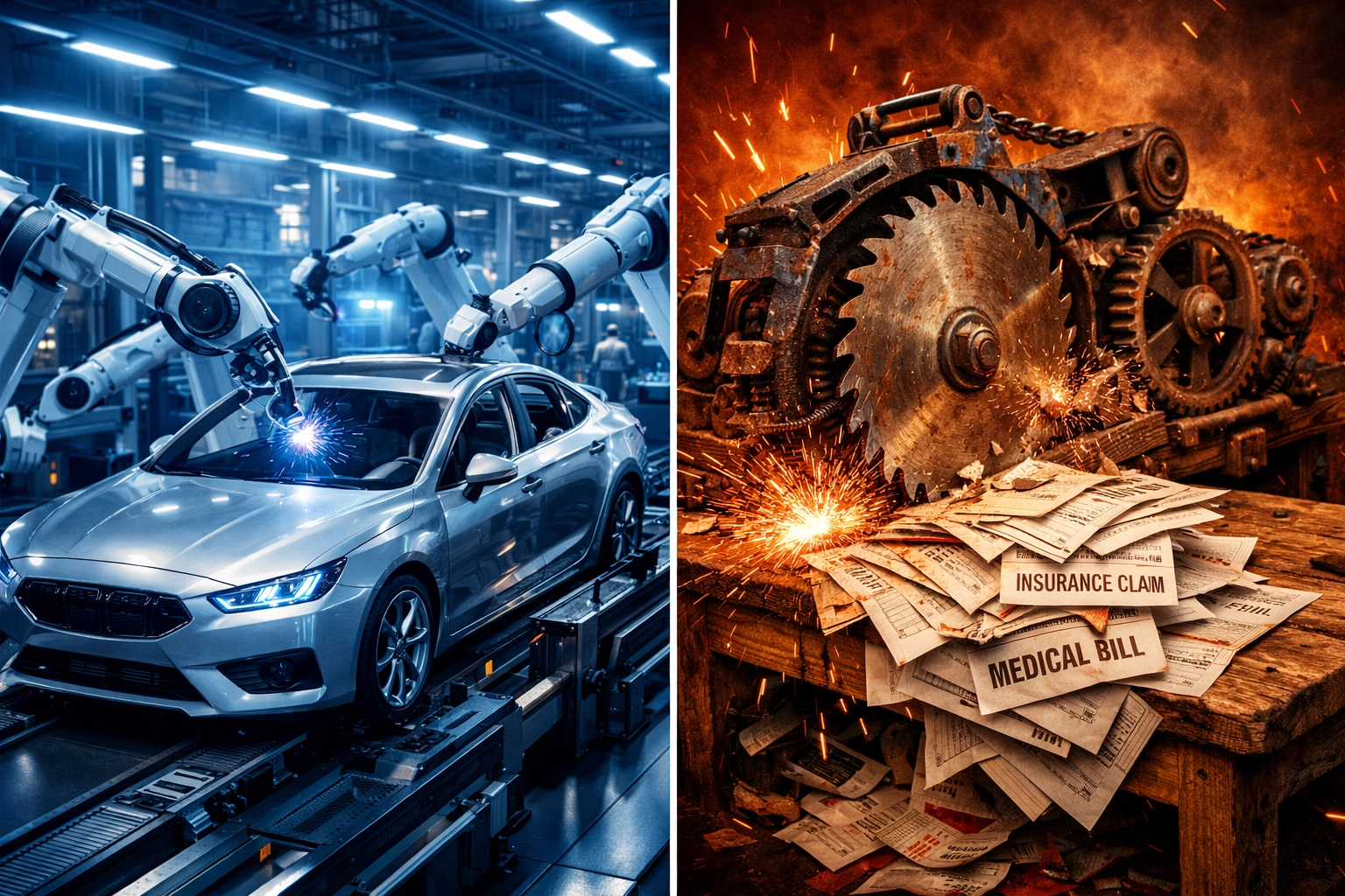 Split scene of efficient factory vs chaotic healthcare paperwork showing why medical pricing feels endless