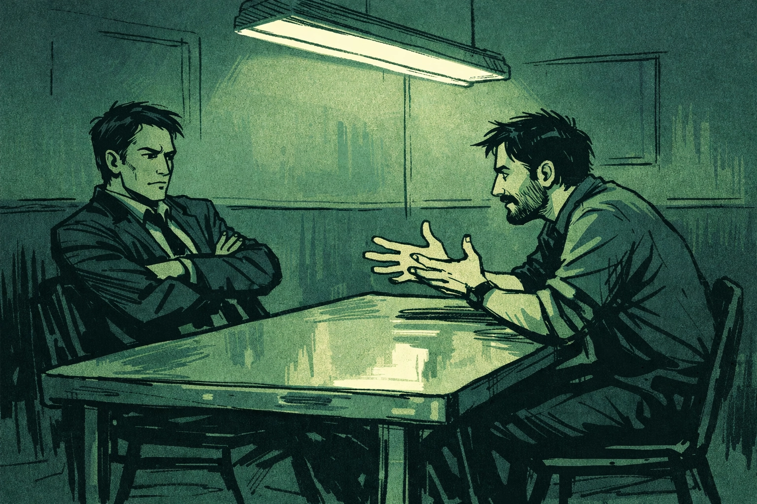 Detective and social worker face off in precinct interview room in urban gay romance