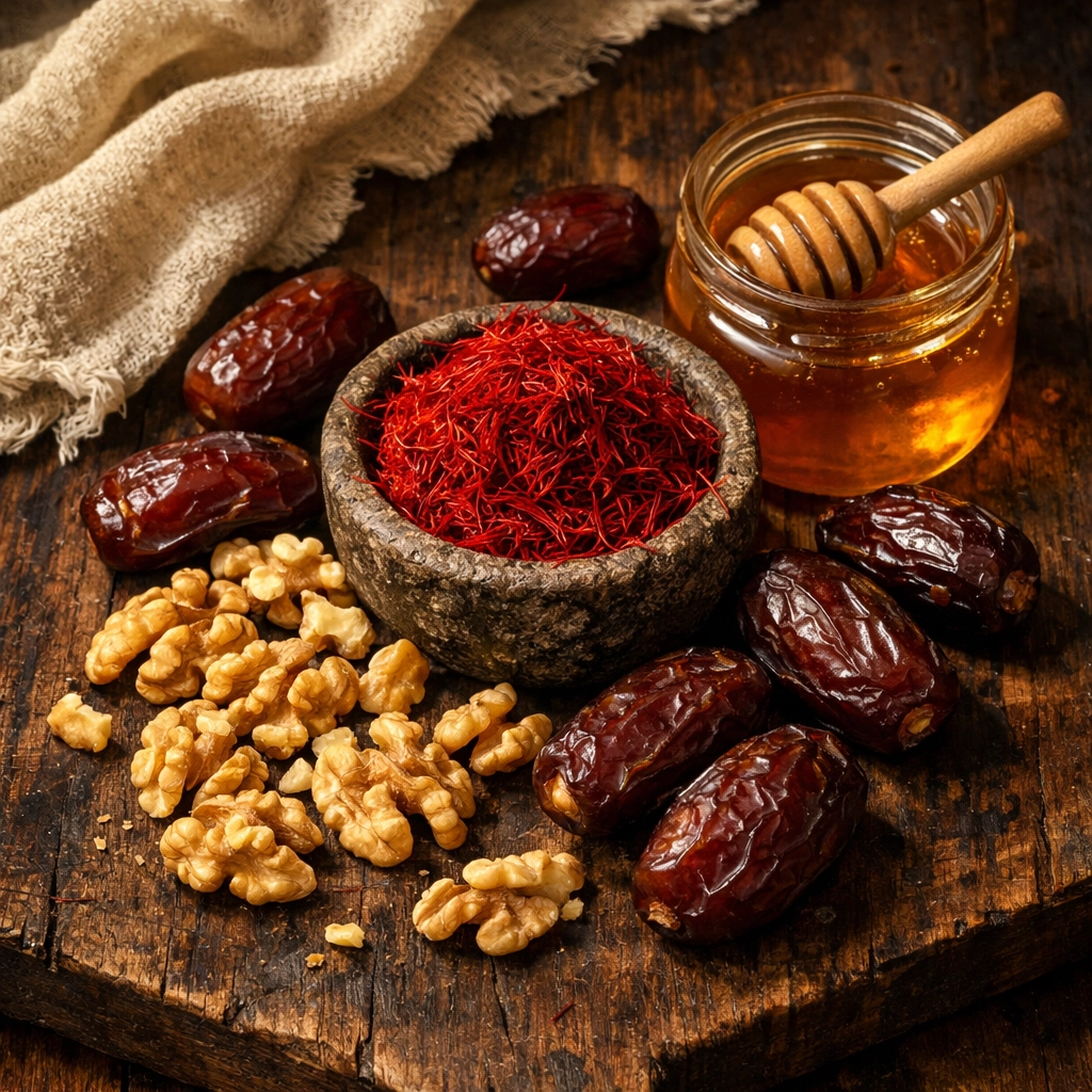 Bowl of Kashmiri saffron kesar surrounded by Mabroom dates, honey, and premium walnuts on a rustic board.