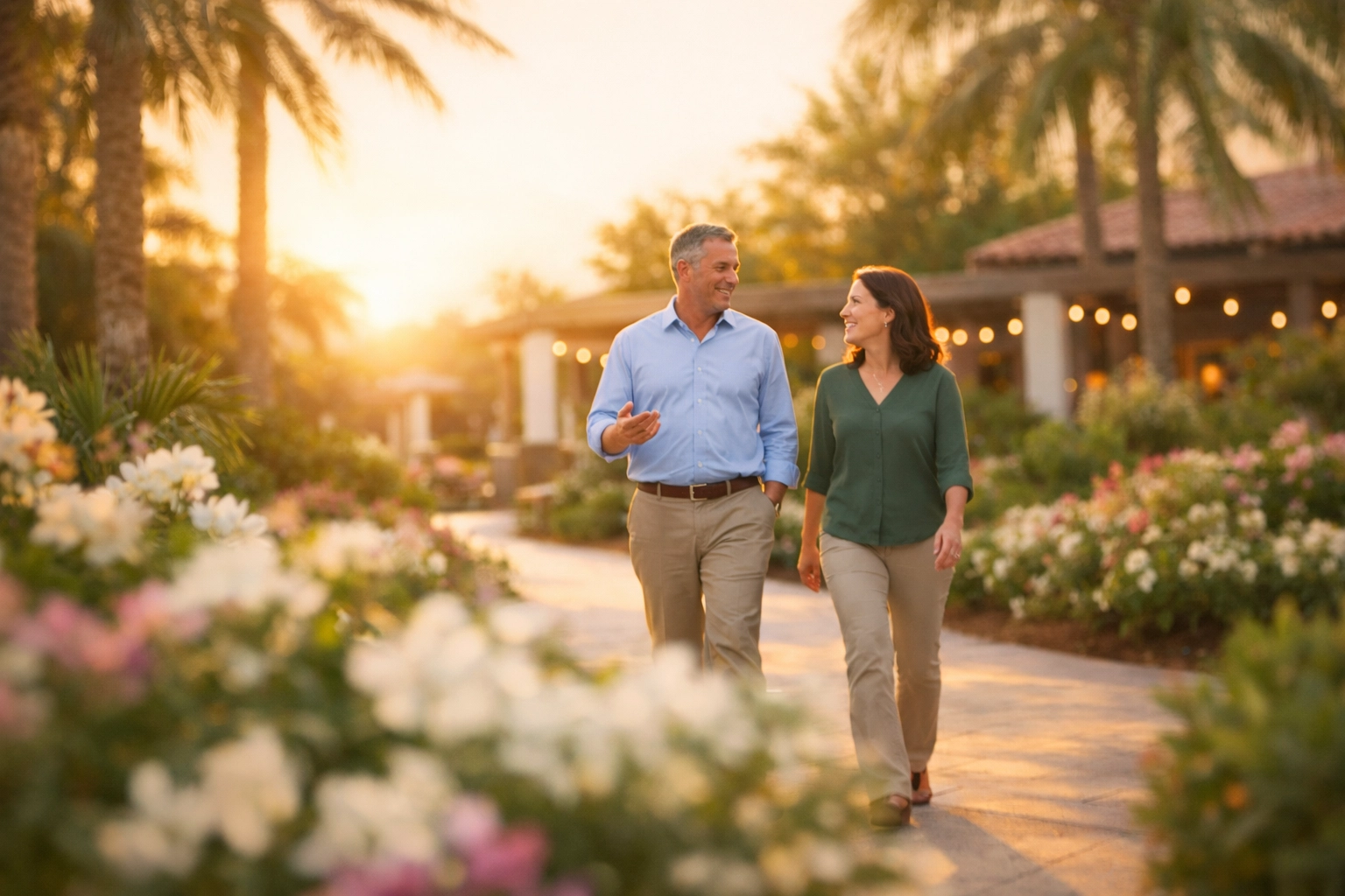 Senior living expert giving a guided tour of a beautiful assisted living courtyard in Sarasota.