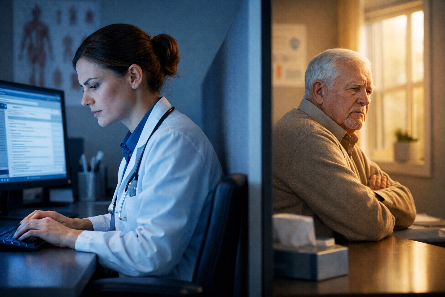 Doctor typing clinical notes on computer while elderly patient waits, showing documentation barrier in healthcare