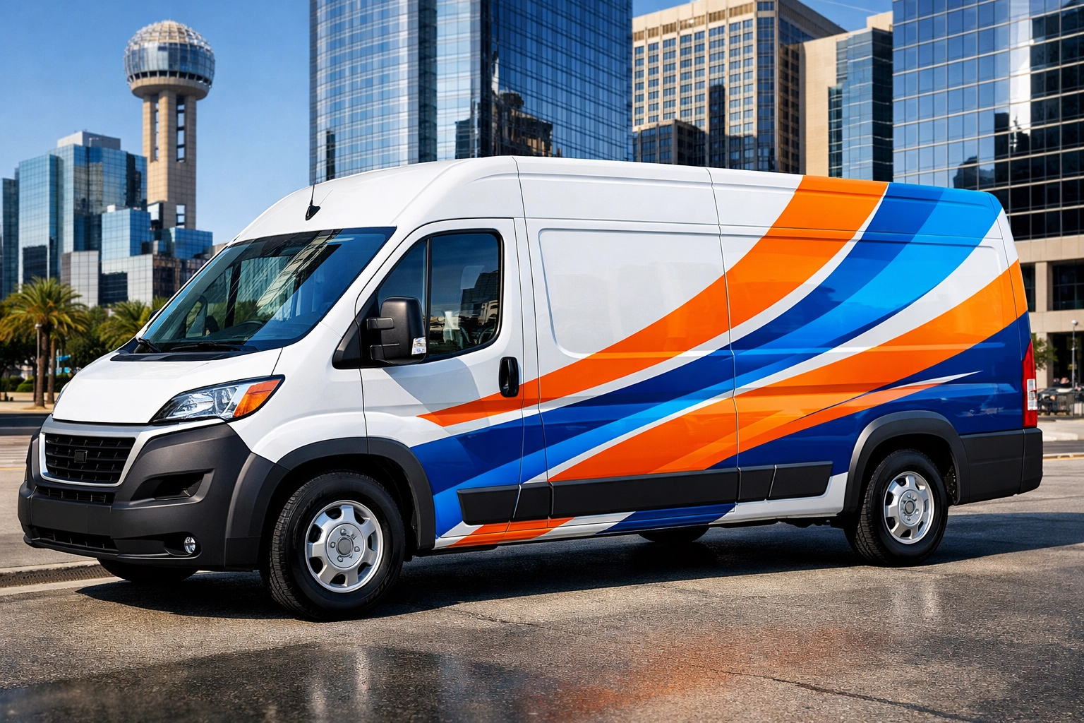 Professional partial vehicle wrap on a white delivery van showcasing mobile branding in the DFW area.