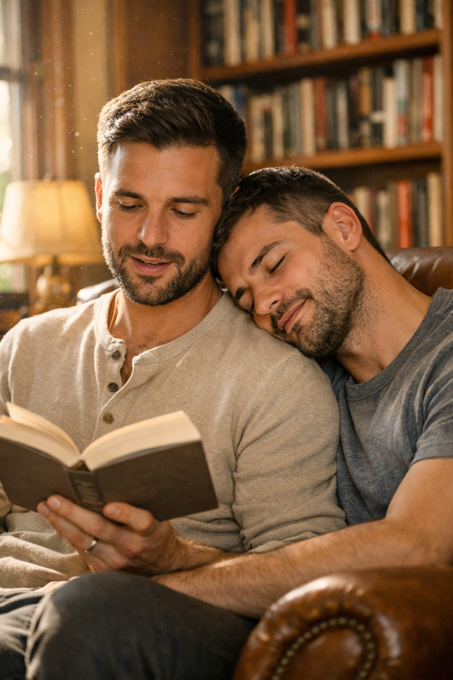Intimate gay couple reading together in a sunlit library, reflecting themes of love in popular MM romance books.