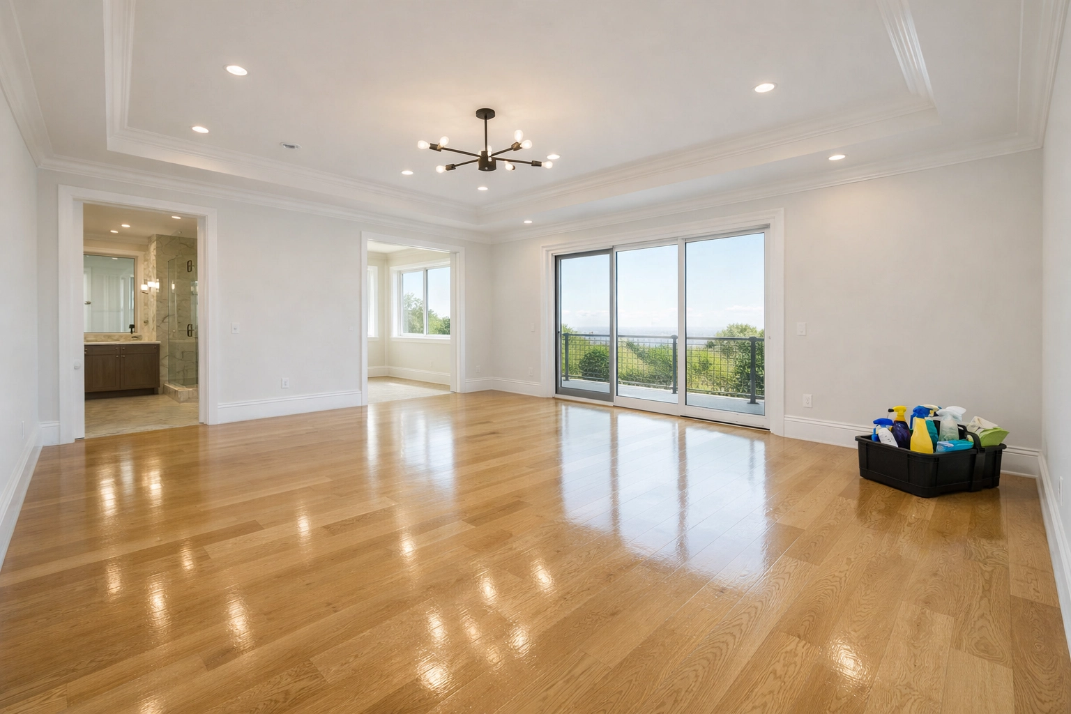 Polished oak hardwood floors in a sunlit Carlisle bedroom cleaned with eco-friendly products.