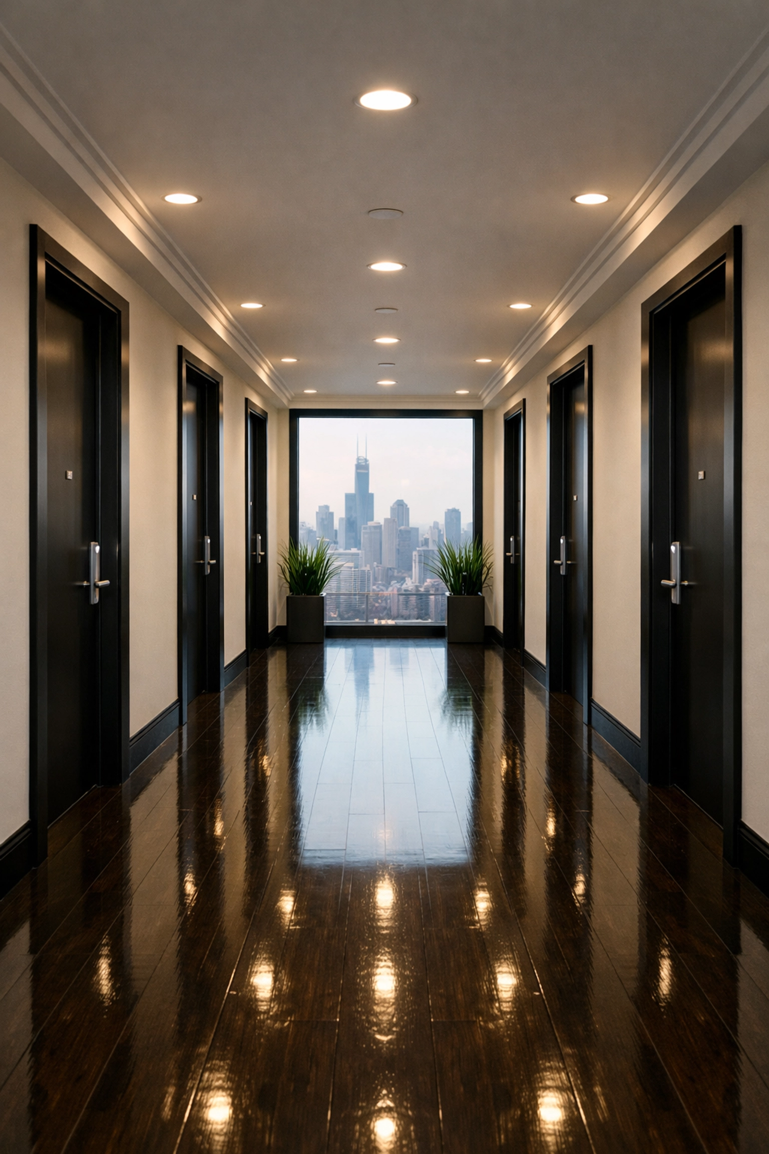 A clean, modern apartment building hallway showing consistent property management and maintenance standards.