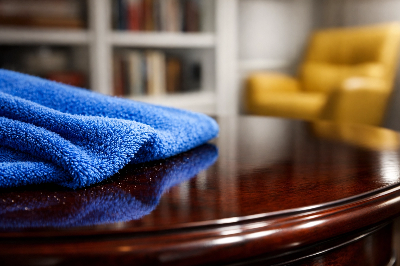 Eco-friendly microfiber cloth removing dust from a polished mahogany table in a Westwood luxury home library.