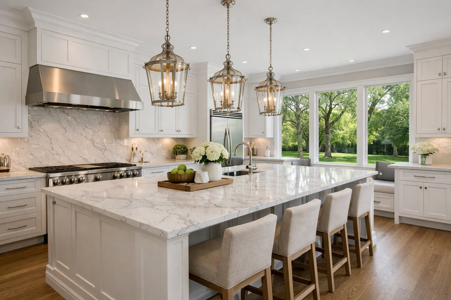 High-quality real estate photography of a modern North Shore kitchen, a key tip for selling a home in Chicago.