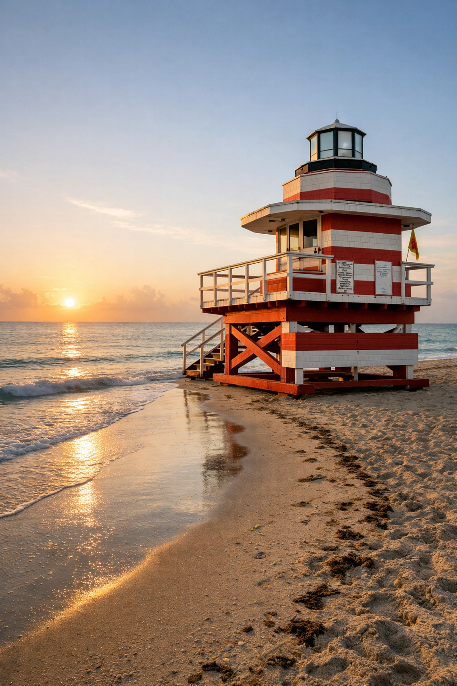 Art Deco lifeguard tower on South Beach at sunrise, one of the best places to take pictures in miami.