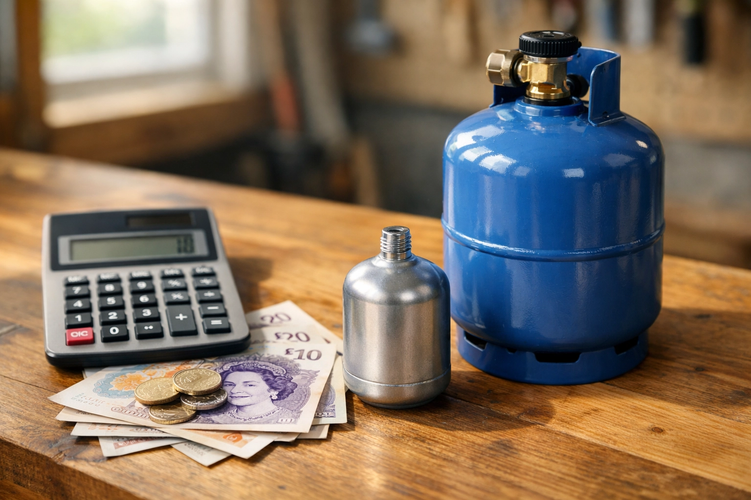 Cost comparison between refillable and disposable gas cylinders with calculator and money