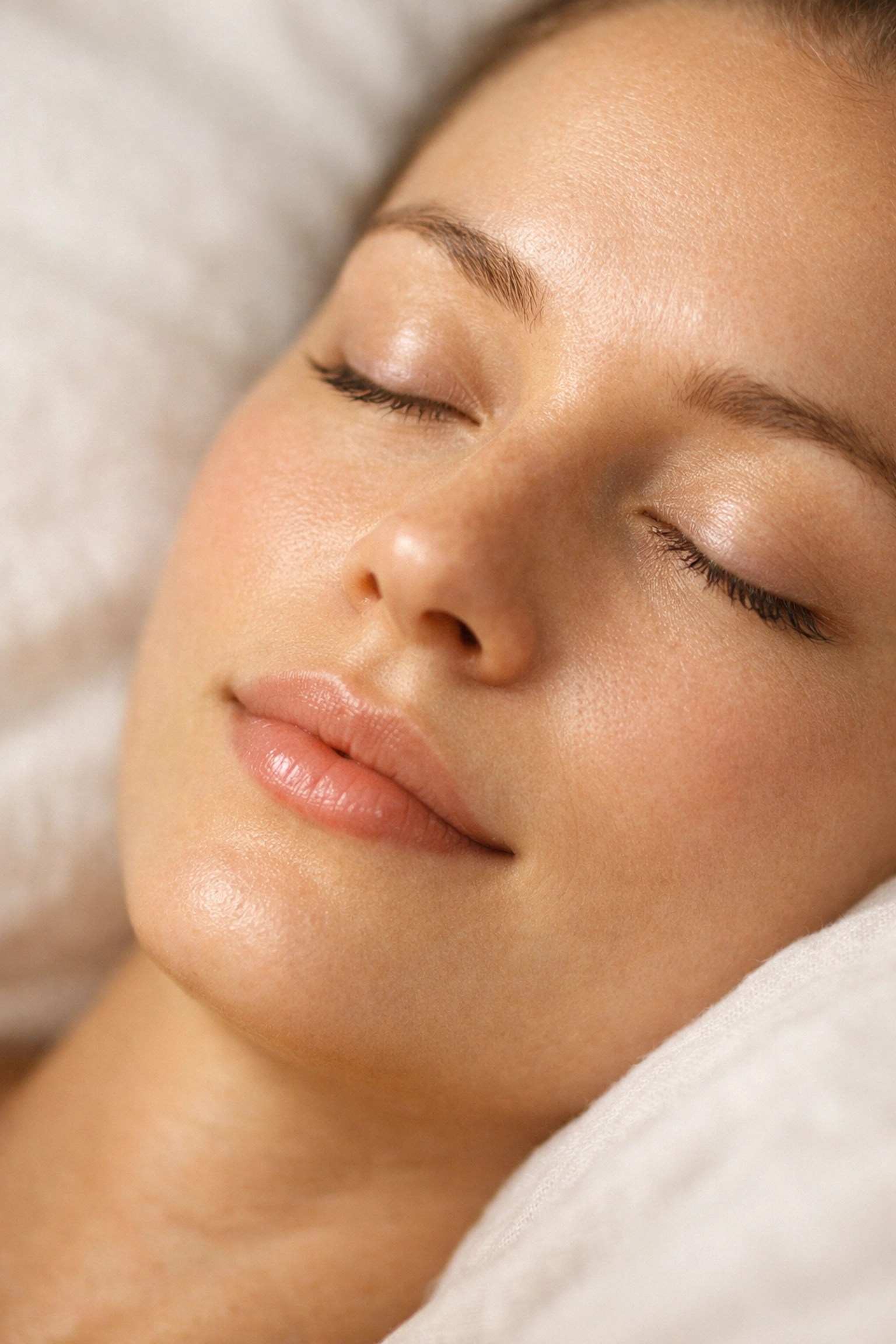 Close-up of a peaceful face at rest, illustrating the release of facial tension and internal energy harmony.