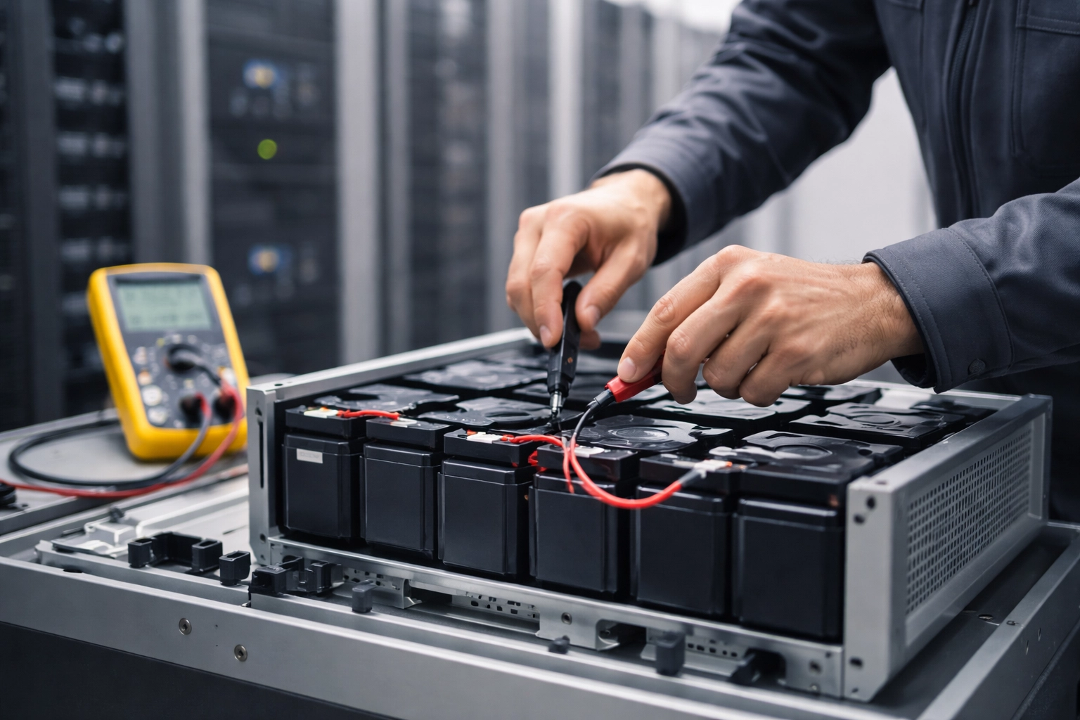 Technician performing maintenance on UPS batteries in a data center, ensuring reliable peak shaving and backup power